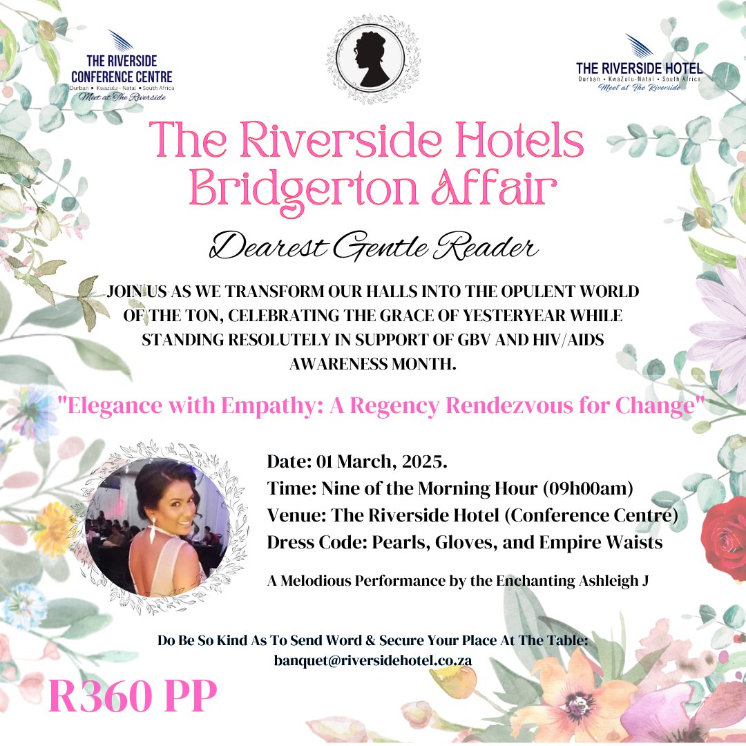 🎉 Ticket sales are back! Join us for The Riverside Hotel's Bridgerton Affair on March 1, 2025, supporting GBV &amp; HIV/AIDS Awareness. 🌸

✨ Time: 9 AM
📍 Venue: Riverside Hotel
👗 Dress Code: Pearls &amp; Empire Waists
Tickets: R360 pp. Email banquet@riversidehotel.co.za to book! 💌