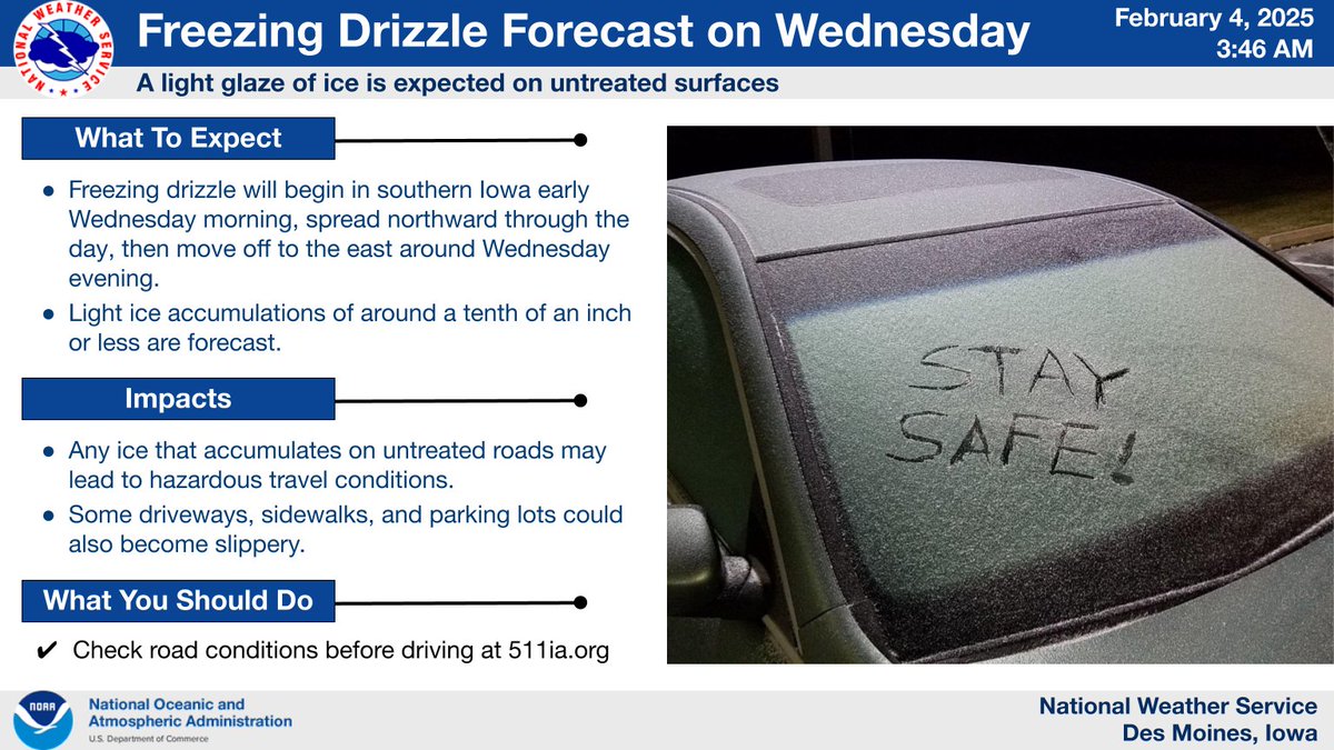 NWSDesMoines's tweet image. Freezing drizzle is forecast on Wednesday, first in southern Iowa early in the morning then spreading north during the day and departing to the east around Wednesday evening. Light ice accumulations are expected, which could lead to hazardous travel conditions at times.