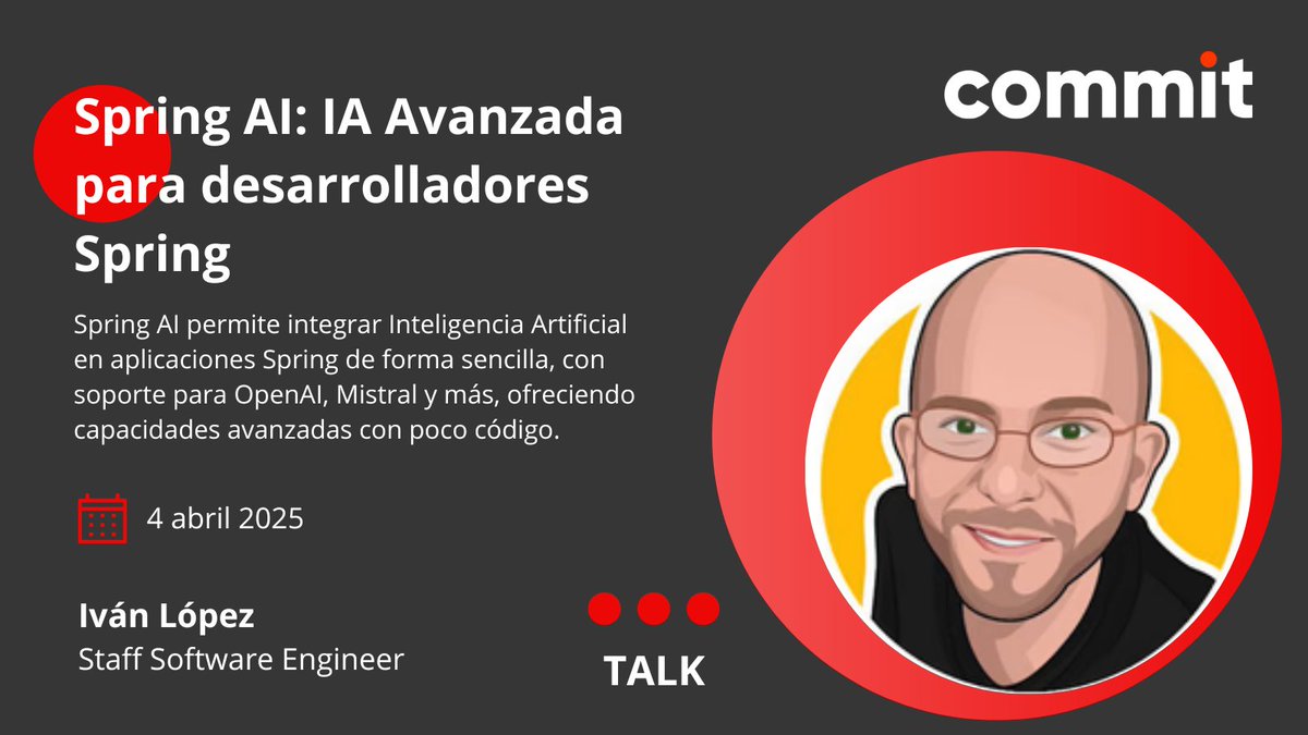 Spring AI facilita la integración de IA en aplicaciones Spring con soporte para OpenAI, Mistral y más. Aprende a crear apps inteligentes con poco código en esta charla de <a href="/ilopmar/">Iván López</a>. 🗓️ koliseo.com/commit/commit-…