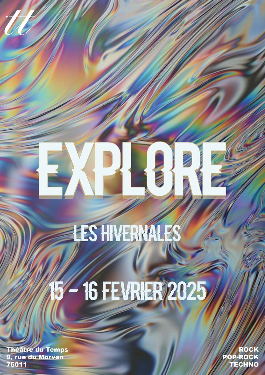 FESTIVAL HIVERNAL ! 
Les 15 &amp; 16 février, EXPLORE investit le Théâtre du Temps pour deux soirées de musique live. Rock, pop-rock, alternatif, techno et acid techno : 8 artistes se succéderont pour une programmation éclectique. 
BILLETTERIE : shotgun.live/fr/events/expl…