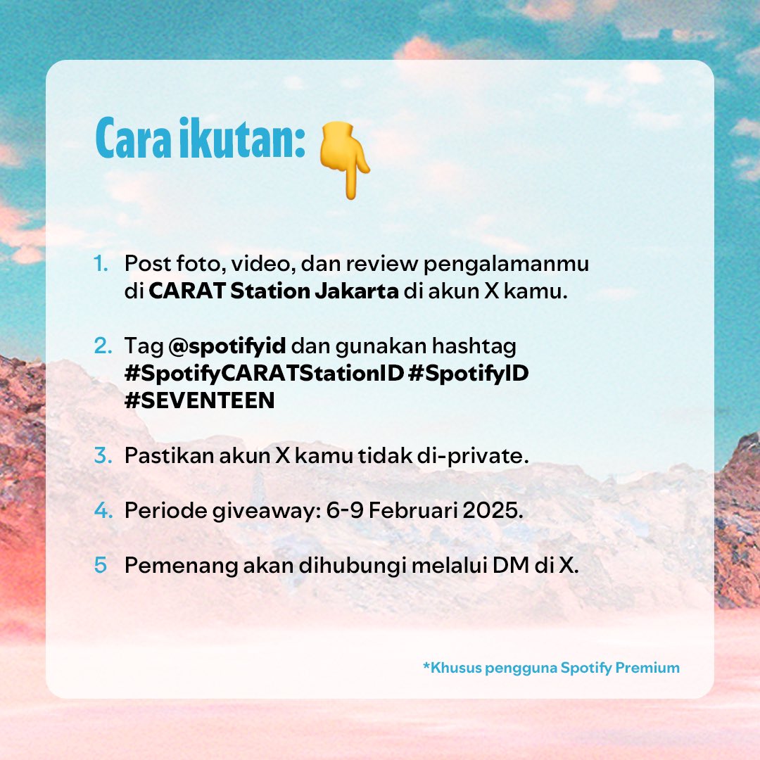 Buat yang dateng ke CARAT Station Jakarta, jangan lupa buat ikutan giveaway yang hadiahnya ‘Super’ &amp; ‘HOT’ 🥳 💚

Ikutan dan dapetin powerbank bertanda tangan member SEVENTEEN 💎 

*Khusus pengguna Spotify Premium

#Spotify #SEVENTEEN 
#SpotifyCARATStationID <a href="/pledis_17/">세븐틴(SEVENTEEN)</a>