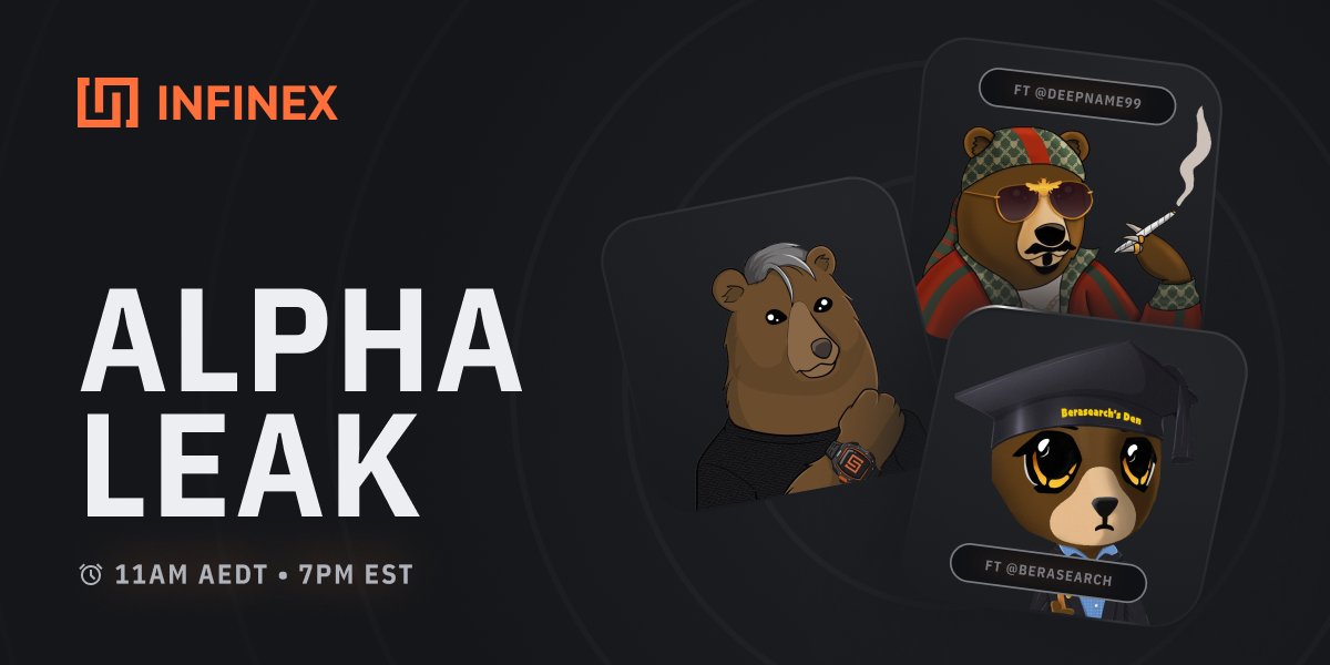 🚨 Alpha Leak 🚨

Crypto is noisey, we can fix that.

We're starting a new community call series to find alpha for you. Infinex will integrate <a href="/berachain/">Berachain Foundation 🐻⛓</a> in Q5

To celebrate we have @berasearch &amp; <a href="/deepname99/">janitooor.bera 🐼⛓️‍🧲</a> to teach us why beras will win tech and culture.

Set a Reminder👇