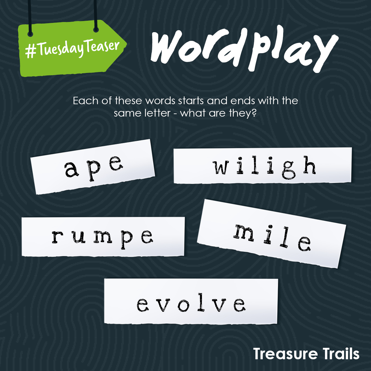 #TuesdayTeaser

Can you work out all five words? 🤔

USUAL RULES APPLY - don't give away the answers, but do add more of the same types of words below to test us!

#puzzle