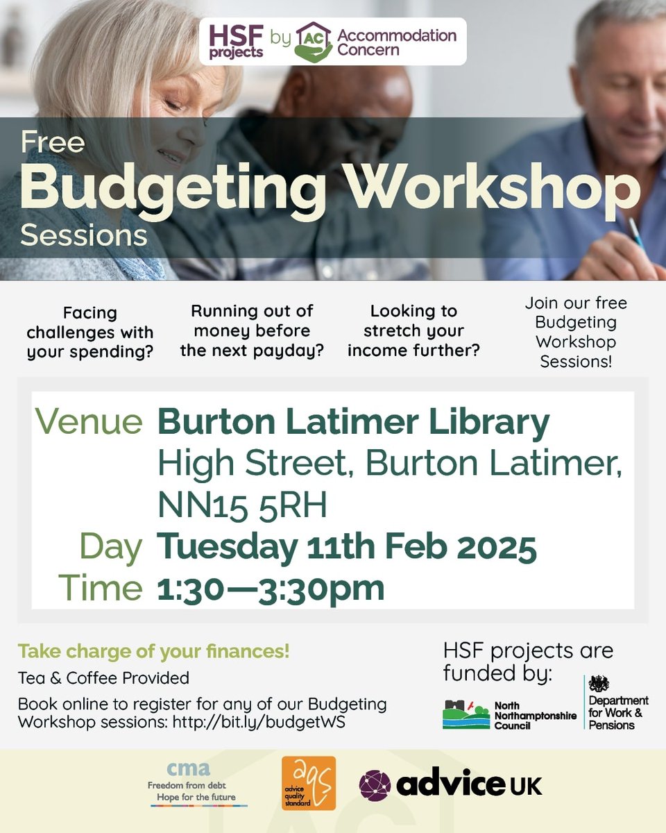 Are you struggling with your finances? Join our Free Budgeting Workshop at Burton Latimer Library on 11th Feb 2025, 1:30–3:30pm. Limited spots, so book now! 🍵 Tea &amp; Coffee provided. What money-saving tips are you hoping to learn? Let's discuss! #Budgeting lght.ly/omh8m3n