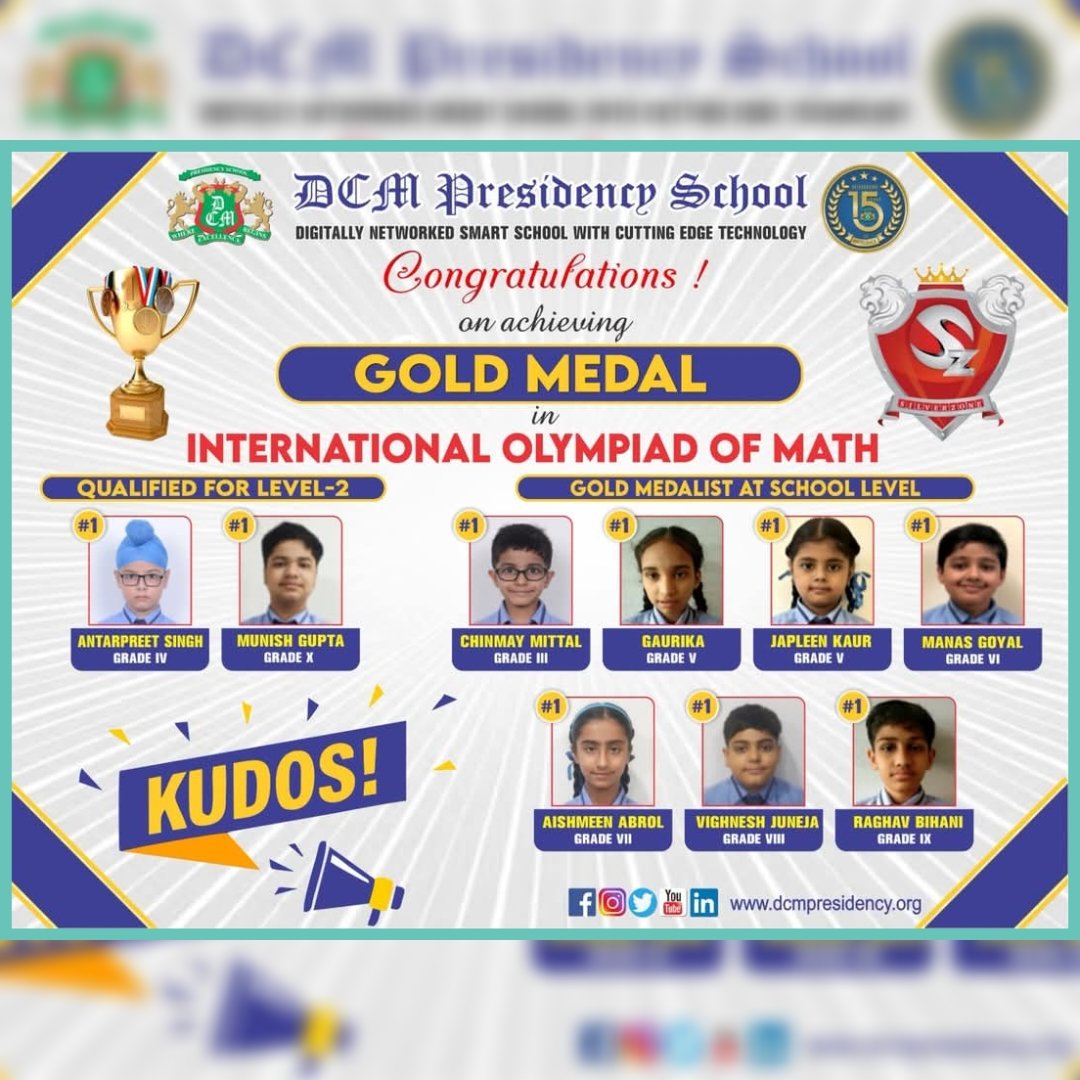 DCMPresidency's tweet image. Congratulations to the Gold,Silver and Bronze medal winners of Silverzone International Olympiad of Math.
Well done students !!
#bestschoolinludhiana #DCMP #olympiadchallenge
#matholympiad