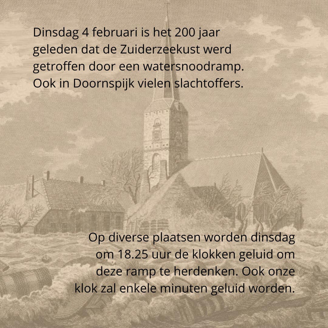 Precies 200 jaar geleden ging het serieus mis langs de Zuiderzeekust.
Het betekende o.a. ook het eind van de #Ludgeruskerk in #Doornspijk.
Vanavond om 18.25u zullen op veel plekken in het getroffen gebied in Overijssel en Gelderland de klokken luiden, zo ook in Doornspijk.