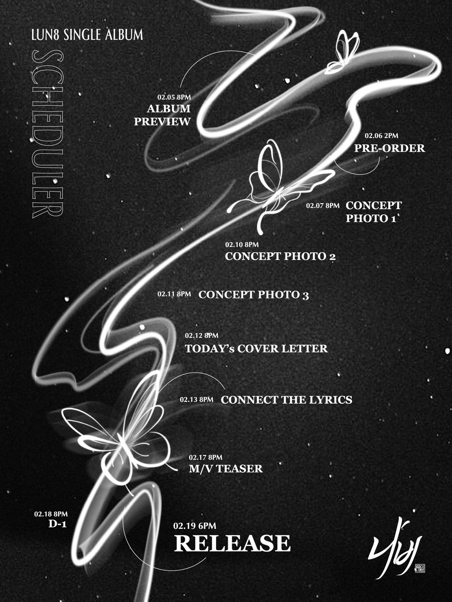[#루네이트]
LUN8 SINGLE ALBUM <나비>
Scheduler 🦋

#LUN8 #나비 #Butterfly
