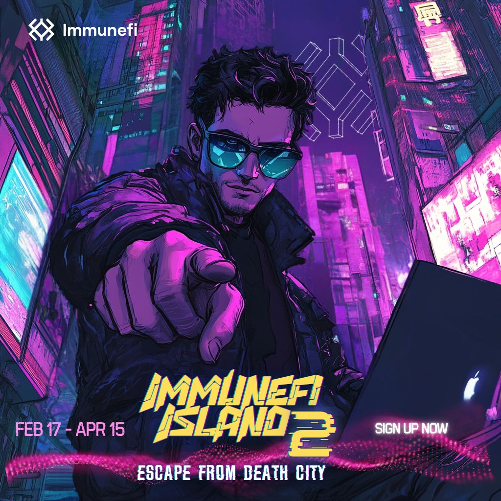 👾 🌆 You've waited this long... Now Immunefi Island 2 is finally here! 

Hack your way through this immersive cyberpunk adventure Feb 17 - Apr 15. 

Join fellow security researchers in the ultimate virtual challenge on Immunefi Discord.