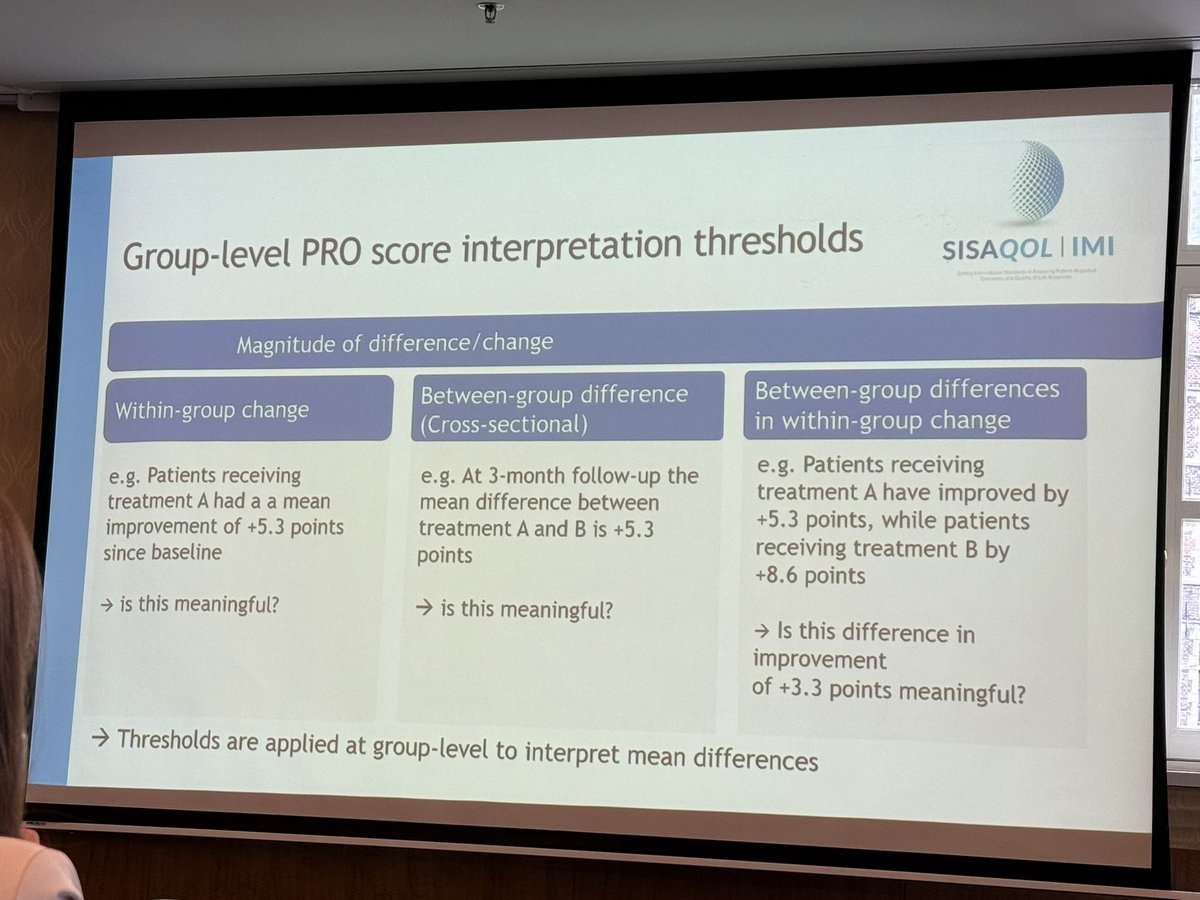 Harmonized terms to replace the vague term “MID” from #SISAQOL! Need to be clear about whether you are talking about within-patient change (eg, responder analysis) or three group-level options (mean comparisons within or between groups - see slides).