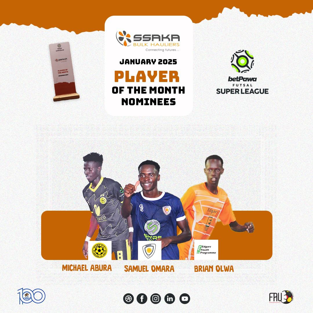 Lets vote one of our own Omara samuel🎉🎉🎉
Vote for Ssaka Bulk Hauliers Player of the Month — January 2025 by clicking on this link*

Voting closes on Thursday at 11am 

#betPawaXFutsal |#FAU | #EmbracingTheFutsalTrend

x.com/betPawaFSL/sta…