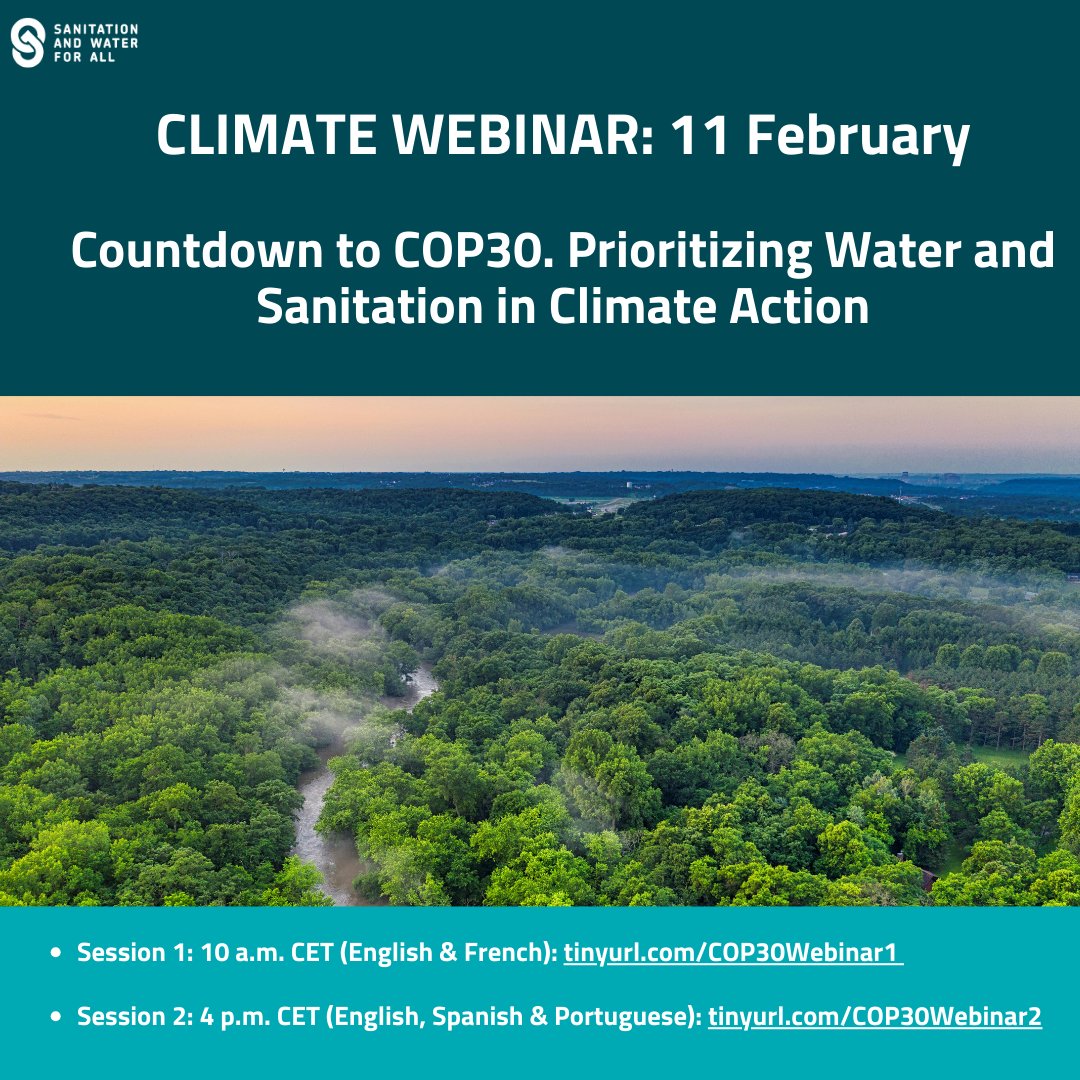 ⏰Clock is ticking toward #COP30Amazonia!

SWA webinar on 11 February is a great opportunity to reflect on #COP29 outcomes for water &amp; sanitation, discuss how you can influence your country’s climate strategies &amp; much more.

Registrations are open for both sessions! All details👇
