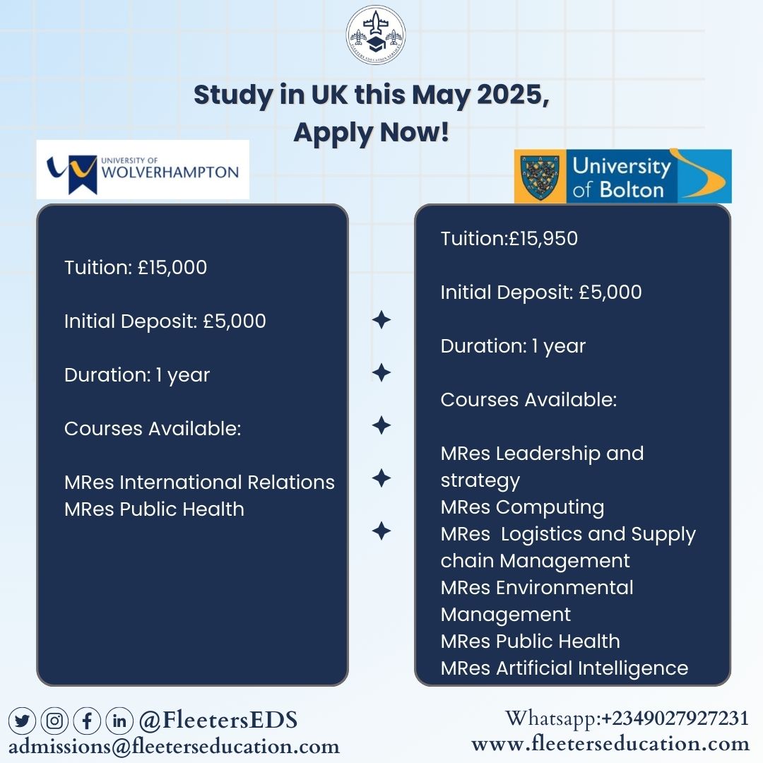 FleetersEDS's tweet photo. Earn a Master’s by Research in the UK this May 2025! Bolton University and Wolverhampton University offer research-focused Master’s programs that enhance your expertise while opening doors to career and immigration opportunities.

Send a DM today!

#studyabroad #StudyinUK https://t.co/cySngHPvxG