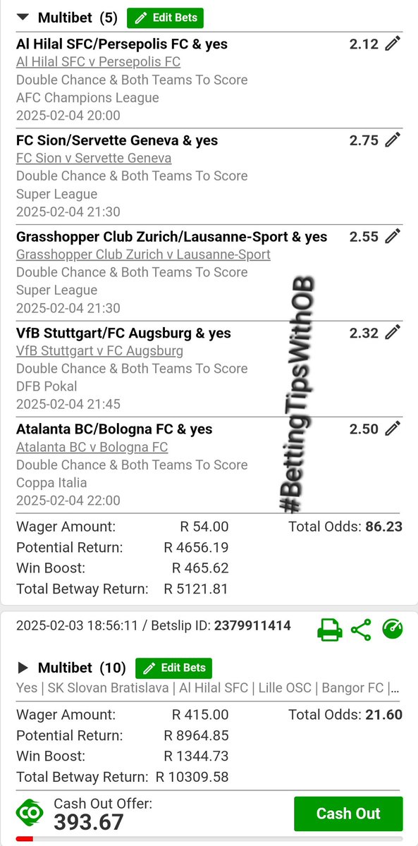 OupaBaloyi7's tweet photo. Double Chances &amp; Both Teams To Score!

R5 121.81 potential payout! 💰 

Booking Code: X8DE80253 https://t.co/rN5HBuARER