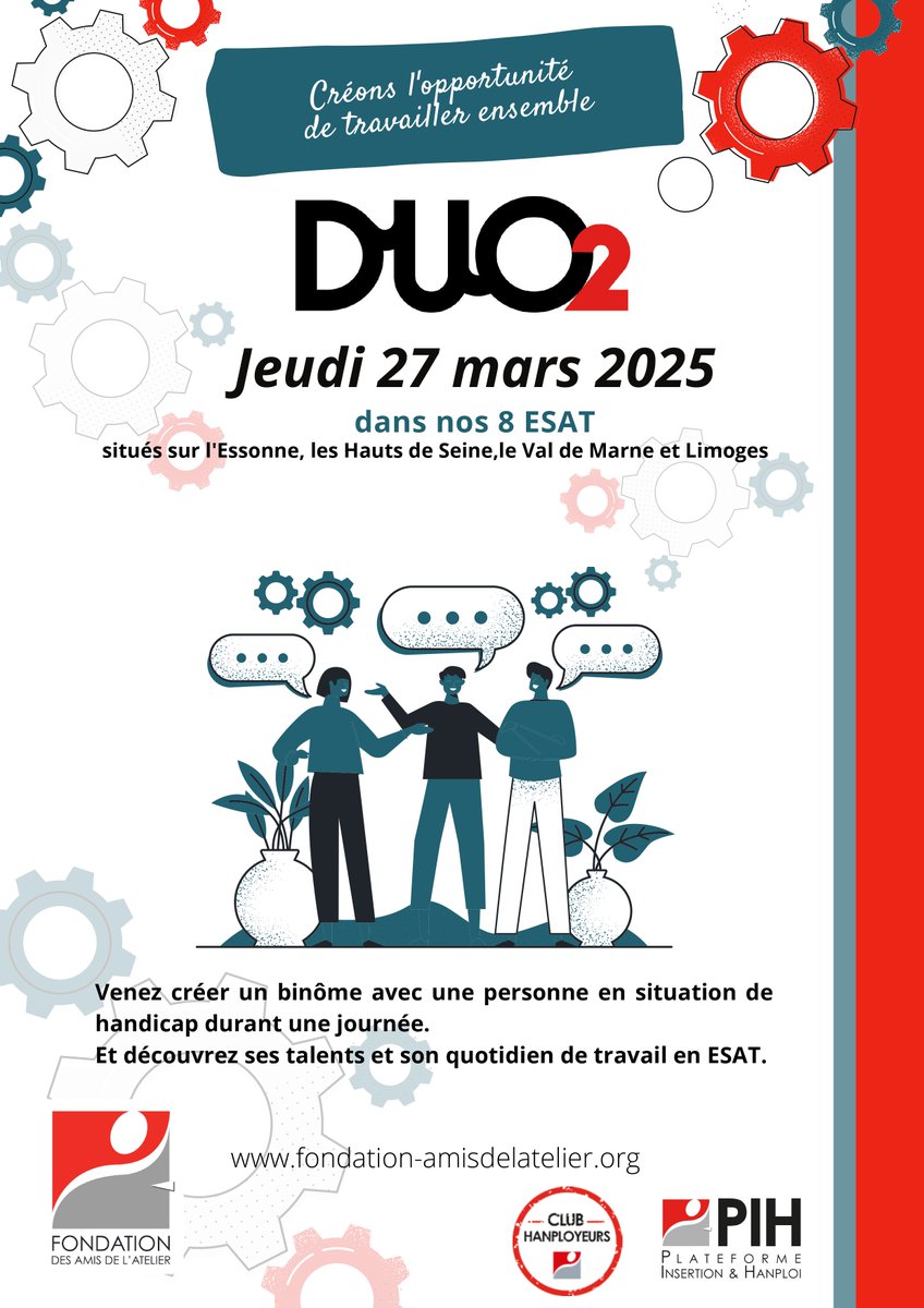 [#DUO2] À vos agendas! Le DUO2 est de retour le 27 mars 2025 ! Le DUO2 c’est quoi ? Des salariés du milieu ordinaire plongent dans l’univers des #ESAT. N’hésitez pas à venir partager cette #expérience au sein de nos 8 ESAT ! Plus d’infos : bit.ly/evenements-PIH
 #handicap
