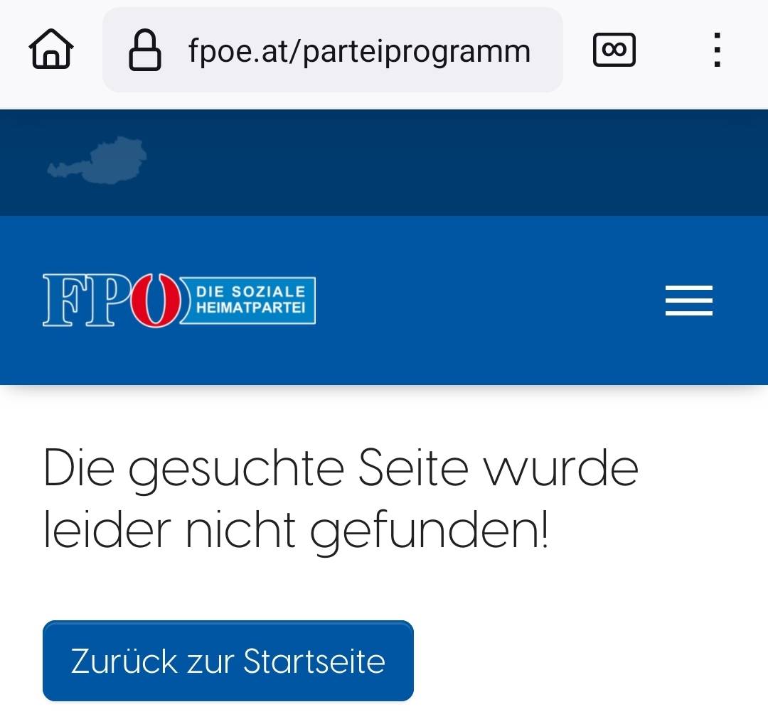 MichaelBonvalot's tweet image. Upsi! Wo ist denn auf der Seite der FPÖ auf einmal das Parteiprogramm hingekommen? Nur noch eine Kürzestversion ist on. Doch ich helfe der FPÖ gern: Hier ein Archiv-Link zum Programm tinyurl.com/y2jxpy3x! Praktisch, falls die FPÖ mal behauptet, sie hätte etwas nie gefordert.