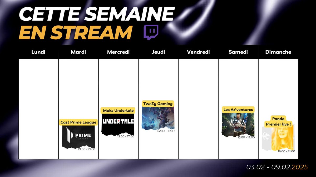 FeatherTTV's tweet photo. 🗓️Le planning est là !

Cette semaine c'est les débuts de Crimson en Primeleague et aussi le premier live de Panda dimanche

https://t.co/yYR5OpMY7j
#PHXGO 🦅🔥 https://t.co/BisxFlzv1r