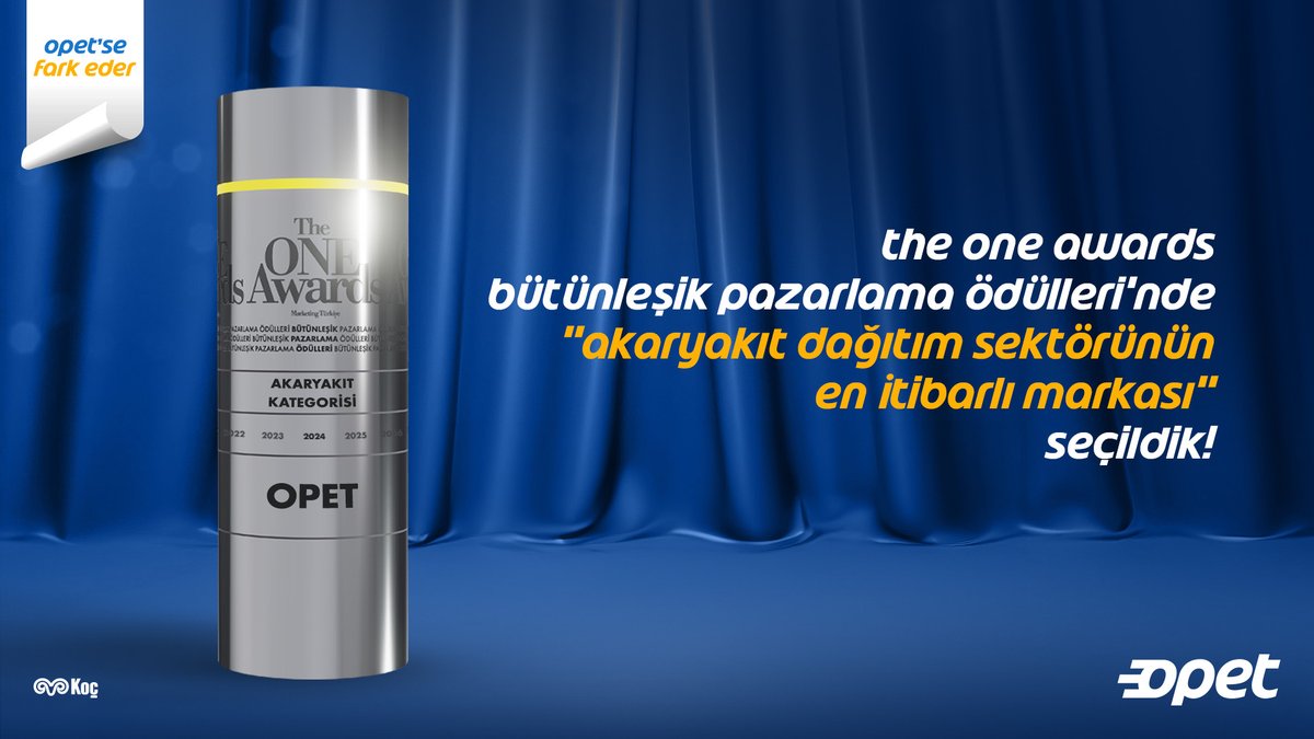 Marketing Türkiye ve Akademetre Research and Strategic Planning iş birliğiyle düzenlenen The ONE Awards Bütünleşik Pazarlama Ödülleri’nde OPET olarak akaryakıt dağıtım sektörünün en itibarlı markası seçilmenin mutluluğunu yaşıyoruz.