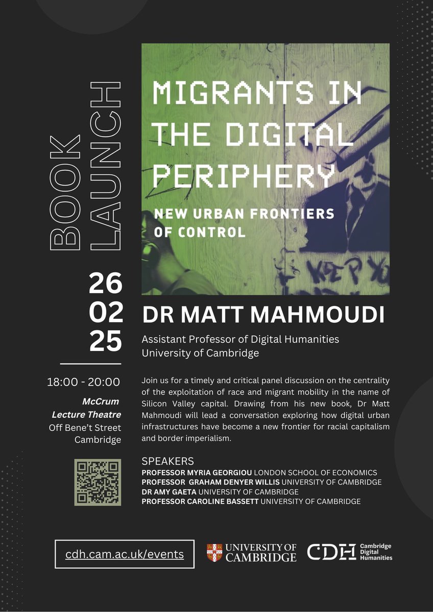 Congratulations to @DocMattMoudi on the release of his new book 'Migrants in the Digital Periphery: New Urban Frontiers of Control' out TODAY 📖

We're celebrating the book launch with a panel discussion on 26 Feb at the McCrum Lecture Theatre 📍

Join us: buff.ly/40L2RB8