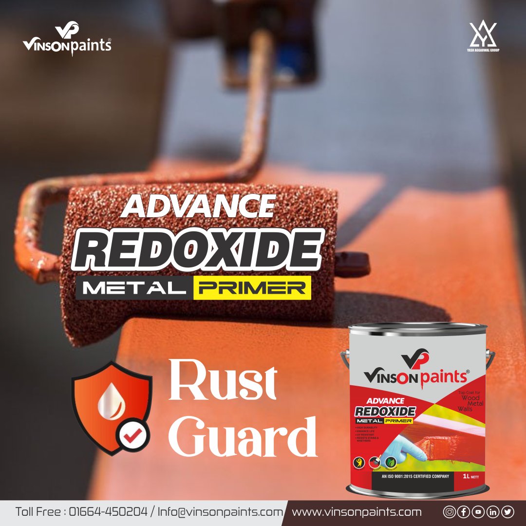 Vinsonpaints's tweet image. Shield your metal from rust's wrath! Vinson Paints Advance Red Oxide Metal Primer is the ultimate defense.  🛡️ #RustProof #MetalProtection #VinsonPaints #DIY #HomeImprovement #Painting #RedOxide #TrendingNow #MustHave