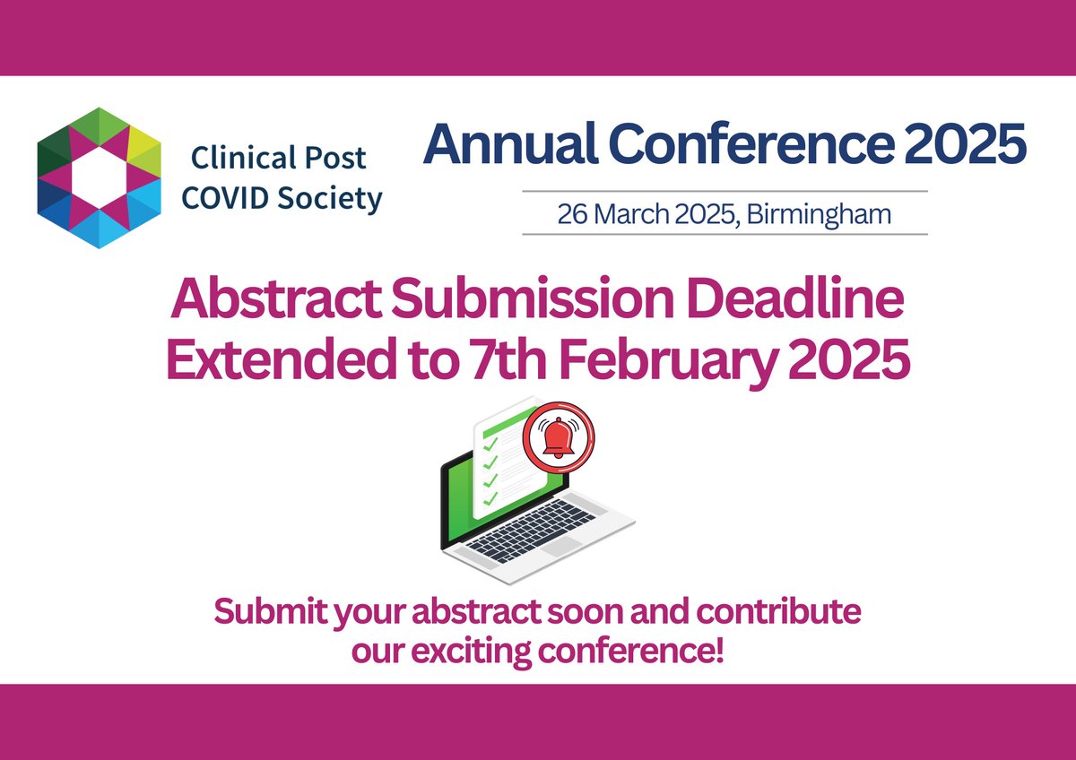Clinical Post Covid Society Conference abstract submission deadline has been extended to 7th Feb 2025!

This is your chance to showcase your research &amp; be part of our exciting scientific conference. Don't miss out, submit your abstract soon!

🔗app.oxfordabstracts.com/stages/77401/s…

#CPCS2025