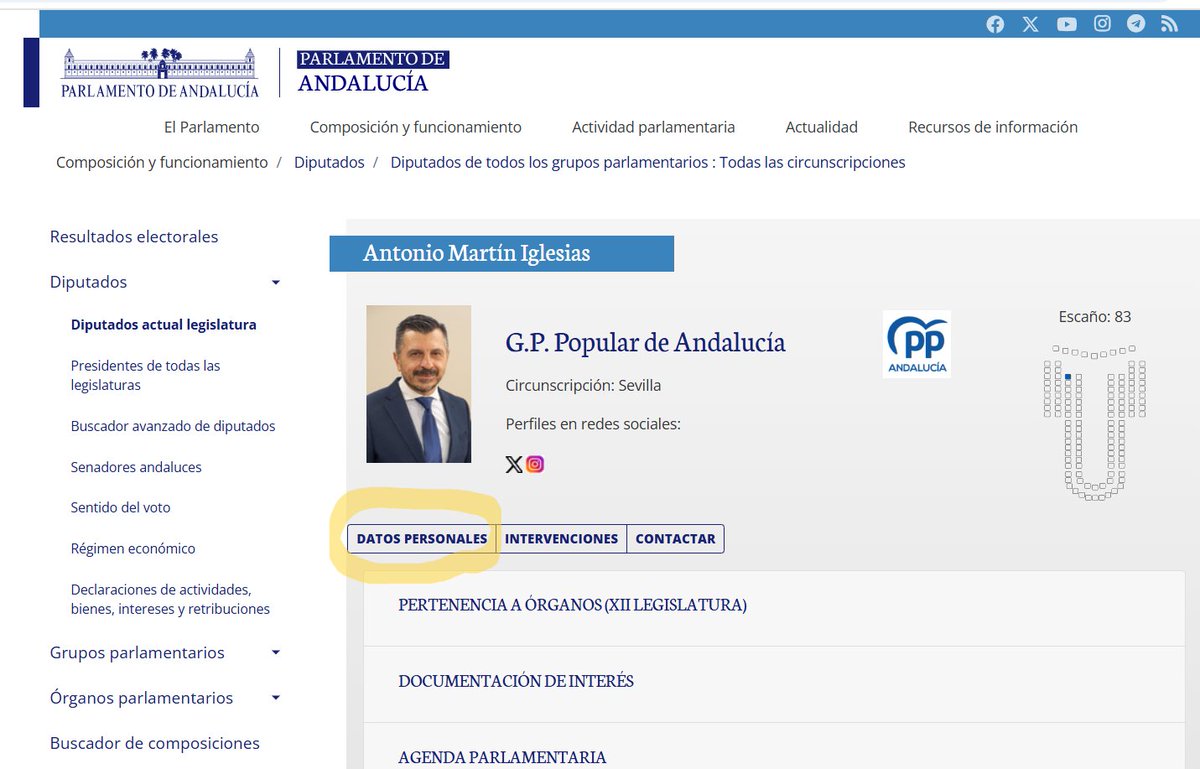 JUANMA MORENO OCULTA SU DATOS PERSONALES EN LA WEB DEL PARLAMENTO ANDALUZ
Es curioso que el poderoso presidente de la Junta, Juanma Moreno, no quiera que los andaluces sepan sus datos personales.

A Juanma no le gusta su CV. No es transparente. La mayoría de diputadxs lo muestran