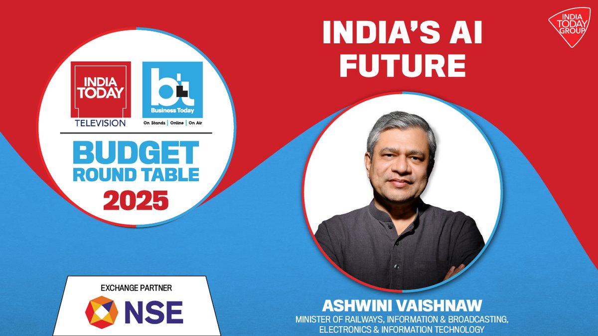 business_today's tweet photo. LIVE | Minister Ashwini Vaishnaw Reveals India’s AI Roadmap At #BudgetRoundtable2025
Watch: https://t.co/d1bD3qfYqM | #PostBudgetRoundTable #BudgetWayTheBTWay #Modinomics2025 #AshwiniVaishnaw #IncomeTax #TaxCuts
@rahulkanwal | @AshwiniVaishnaw | @NSEIndia https://t.co/mG1Bk5V3BB