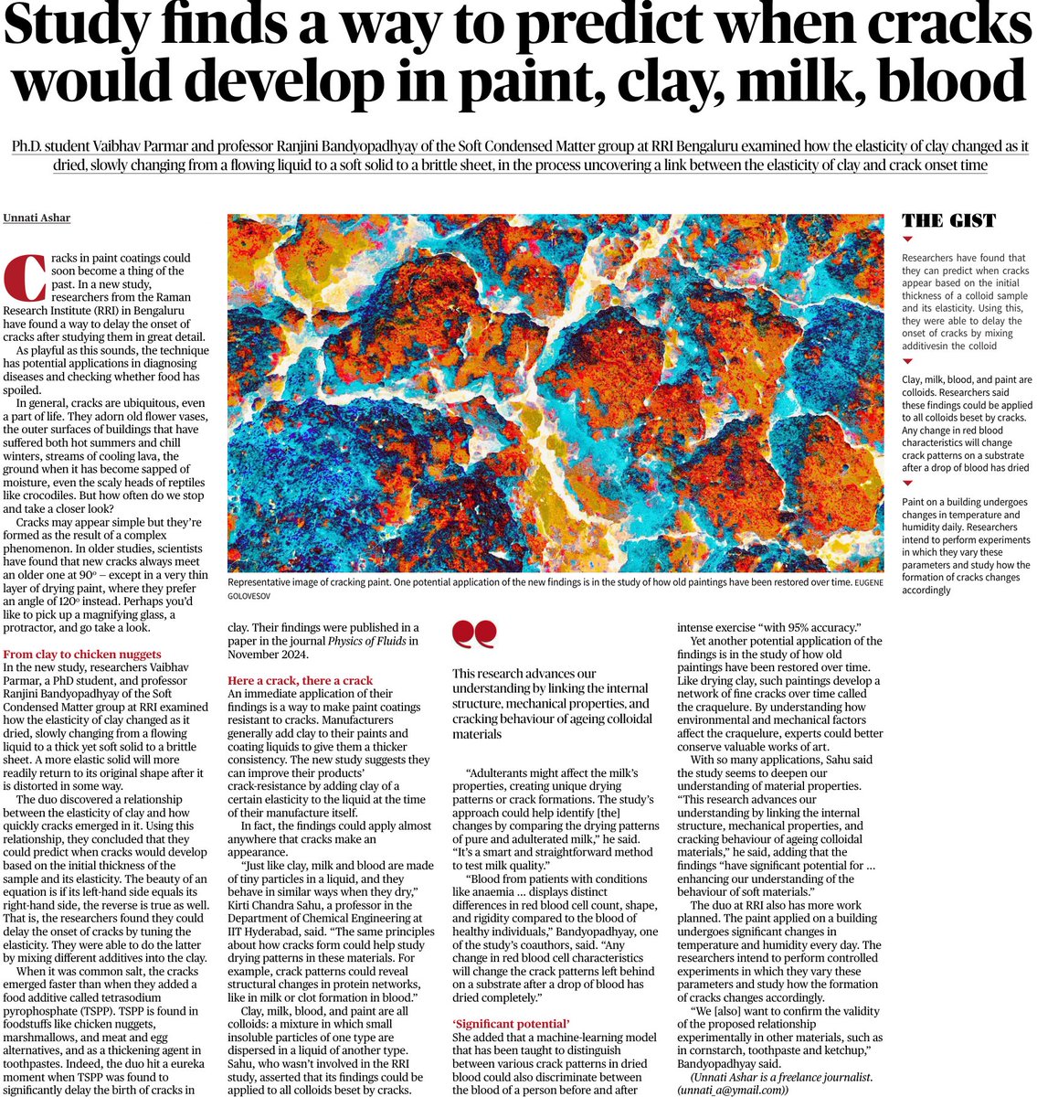 Raman Research Institute (@rri_bangalore) on Twitter photo .<a href="/RRI_Bangalore/">Raman Research Institute</a> faculty <a href="/RanjiniRRI/">Ranjini Bandyopadhyay</a>, and students uncover link between the elasticity of clay and crack onset time, with applications in diagnostics, food quality, and art.
thehindu.com/sci-tech/scien…
<a href="/PMOIndia/">PMO India</a>
<a href="/PrinSciAdvGoI/">Principal Scientific Adviser, Govt. of India</a>
<a href="/IndiaDST/">DSTIndia</a>
<a href="/DrJitendraSingh/">Dr Jitendra Singh</a>
<a href="/karandi65/">Abhay Karandikar</a>
<a href="/TarunSouradeep/">Tarun Souradeep</a> .<a href="/RRI_Bangalore/">Raman Research Institute</a> faculty <a href="/RanjiniRRI/">Ranjini Bandyopadhyay</a>, and students uncover link between the elasticity of clay and crack onset time, with applications in diagnostics, food quality, and art.
thehindu.com/sci-tech/scien…
<a href="/PMOIndia/">PMO India</a>
<a href="/PrinSciAdvGoI/">Principal Scientific Adviser, Govt. of India</a>
<a href="/IndiaDST/">DSTIndia</a>
<a href="/DrJitendraSingh/">Dr Jitendra Singh</a>
<a href="/karandi65/">Abhay Karandikar</a>
<a href="/TarunSouradeep/">Tarun Souradeep</a>
