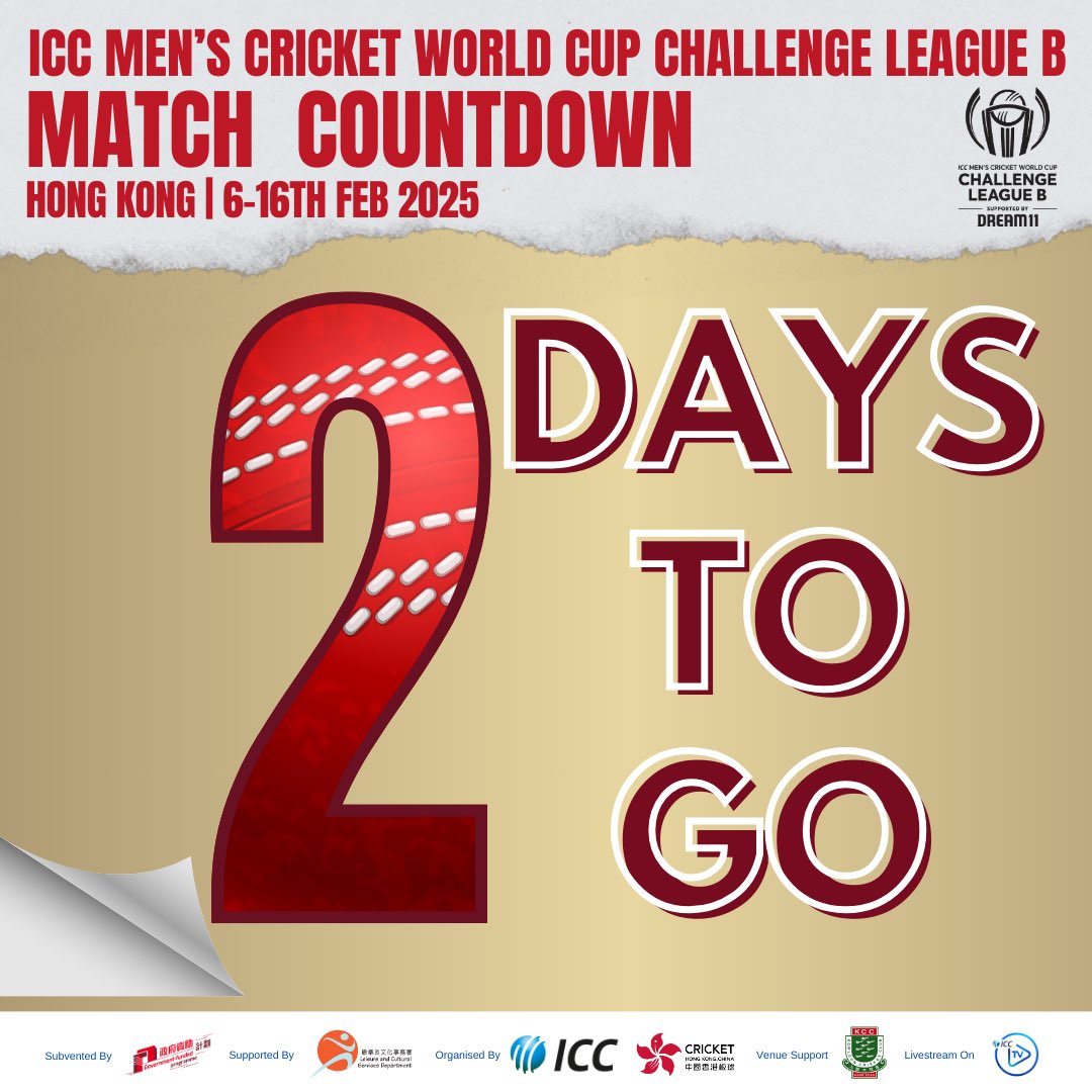 CricketHK's tweet photo. Just 2️⃣ more days to go until the ICC Men’s Cricket World Cup Challenge League B!
Stay tuned for more updates on the tournament.
#cricket #hkcricket #ICCCWC #ChallengeLeagueB https://t.co/MESFNfd210