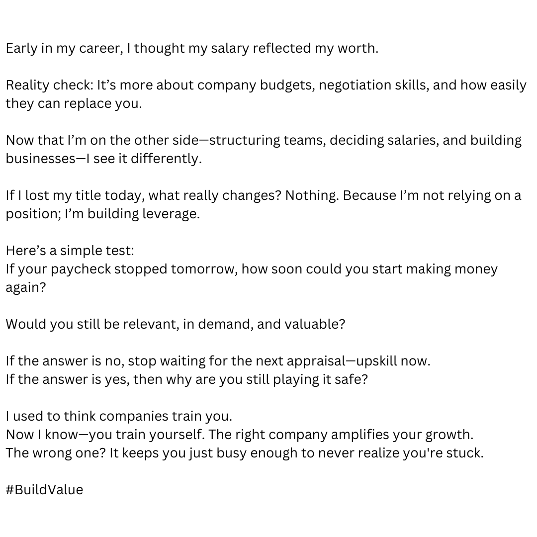 SirCribs_a_Lot's tweet image. Your salary reflects budgets, and negotiations skills at best - not worth. If your paycheck vanished, would you still be valuable? Stop waiting—build leverage, stay relevant.

#BuildValue
