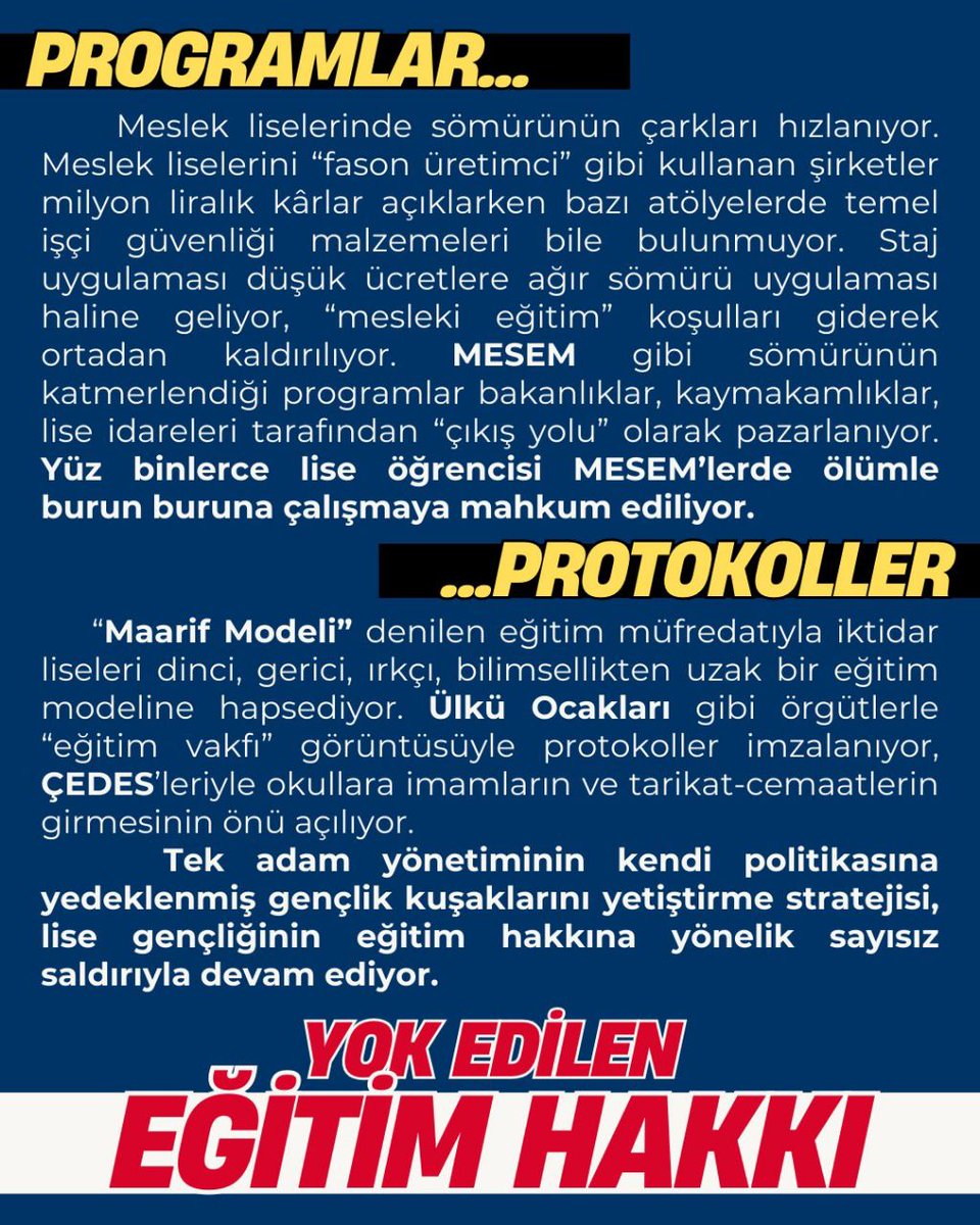 emekgencligi's tweet photo. LİSELERDE MÜCADELE ZİLİ ÇALDI!

Bir yandan nitelikli eğitim hakkımız gasbedilirken, ekonomik krizin yükü üstümüze yıkılırken bir yandan da MESEM gibi sömürü programlarına, gerici ve şoven örgütlerin "protokollerine" mecbur bırakılıyoruz.

Ancak bu cenderede yalnız değiliz! Yan yana geldiğimizde ne kadar güçlü olduğumuzu ve mücadelemizin kazandırdığını biliyoruz. Yeni dönemde liseli gençleri de Emek Gençliği saflarında temel haklarımız ve geleceğimiz için mücadeleye çağırıyoruz!