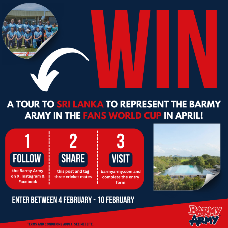 TheBarmyArmy's tweet photo. 🚨 WIN A TRIP TO SRI LANKA TO PLAY FOR BARMY ARMY CC 🚨

Yes, you read that correctly. 

Simply follow us, share this post and complete the form to enter this amazing competition ✅

More information 👇