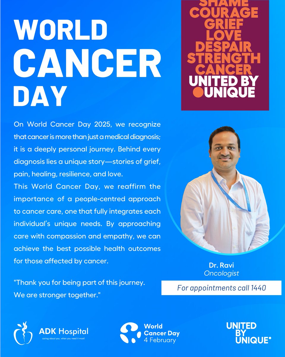 UICC’s new three-year ‘United by Unique’ campaign calls for a systemic shift of cancer care delivery towards a people-centered approach, an equitable and compassionate which recognizes the unique experiences and needs of individuals affected by cancer.

#ADKHospital #HealthCare