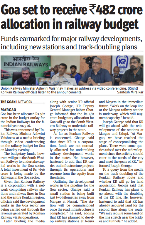 Rail_Spectrum's tweet photo. Goa to receive Rs.482 crore allocation in railway budget https://t.co/Z5KjLSxmhD
