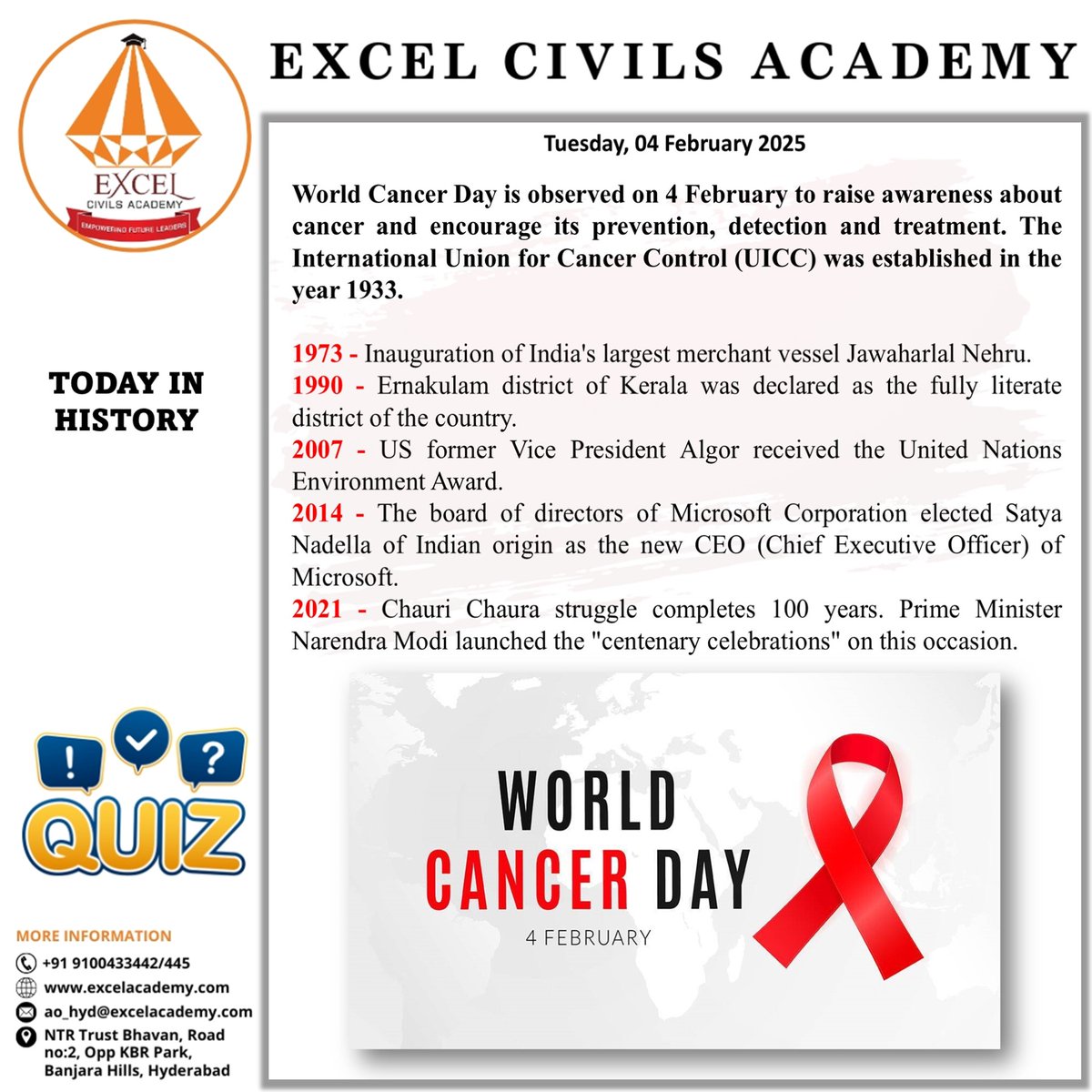 World Cancer Day
#todayhistory #TodayNews #CurrentAffairs #ExcelCivilsAcademy