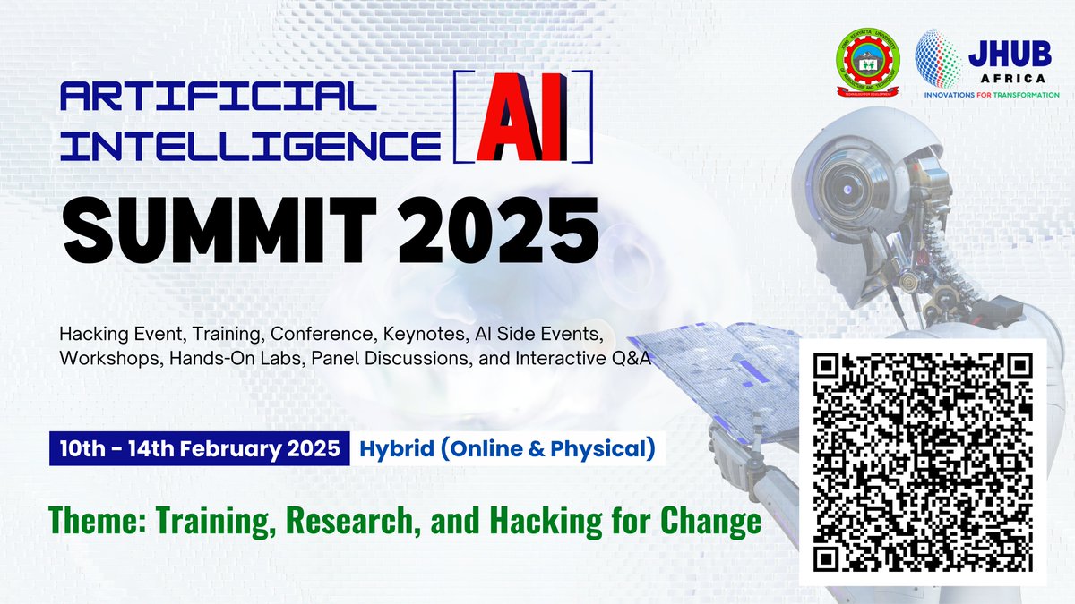 .<a href="/JHUBAfrica/">JHUB Africa</a> invites you to AI Summit 2025, happening from 10th – 14th February 2025! This is your chance to actively participate as a researcher, innovator, student, or industry expert and shape the future of Artificial Intelligence.
Ways to Participate:

📷 Hackathon: Form