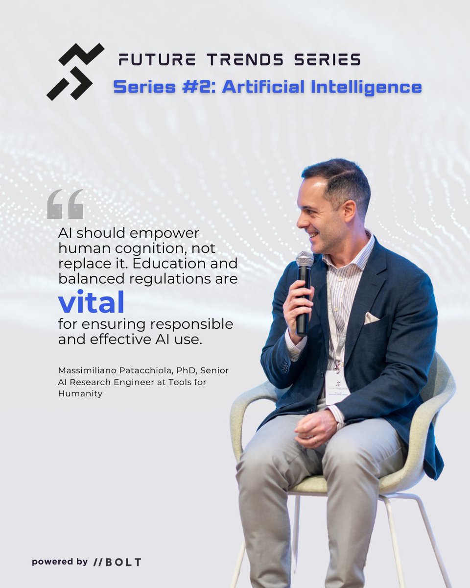 BoltConsultancy's tweet image. AI should empower human cognition, not replace it.&apos; - Powerful words from Dr. Massimiliano Patacchiola during our intimate fireside chat at the Future Trends Series #2.

#FutureTrendsSeries #AIinnovation #TechnologyForHumanity #DubaiFuture #AIethics #Innovation #Dubai&quot;