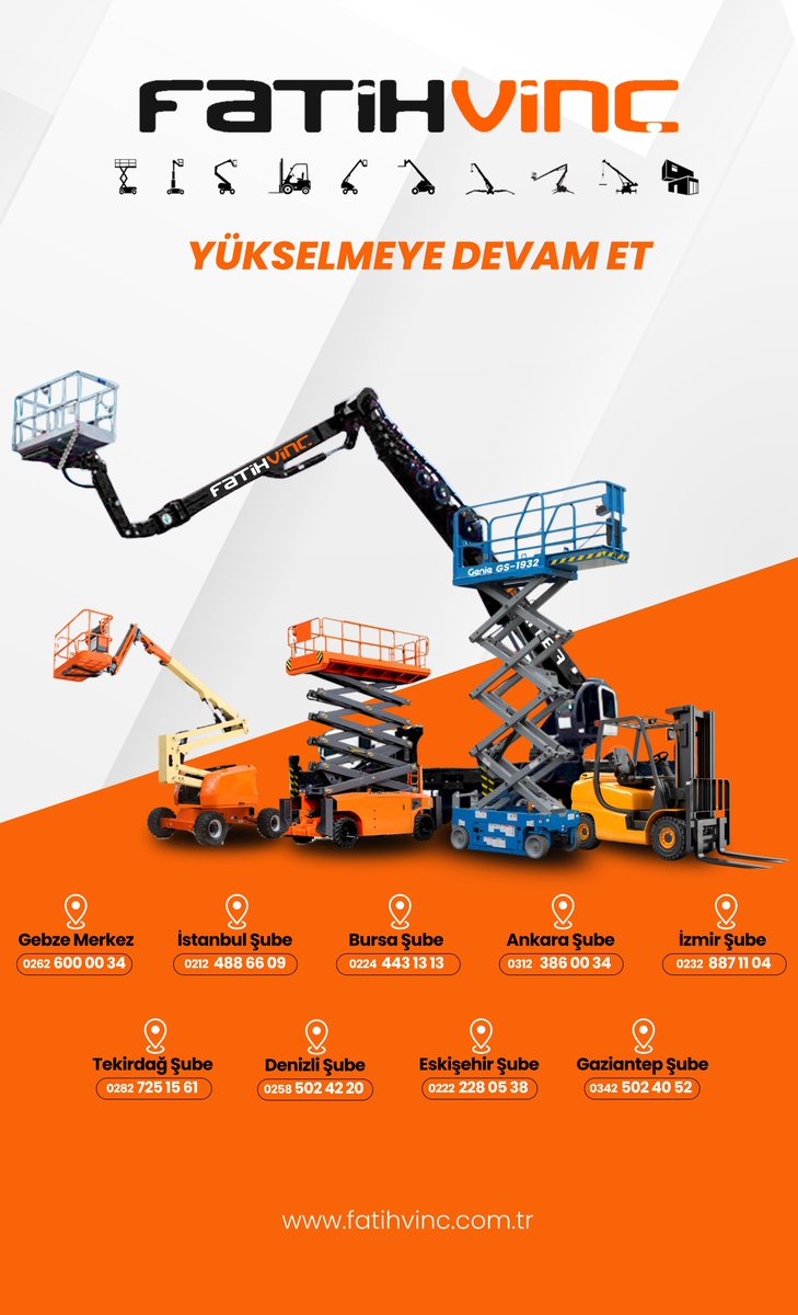 Türkiye genelindeki şubelerimizle; Manlift, Forklift, Vinç, Sepetli Platform ve diğer tüm Platform makine gruplarında Kiralama ve Teknik Servis hizmetleri.  

#fatihvinç #istanbul #ankara #izmir #bursa #eskişehir #tekirdağ #kocaeli #gaziantep #denizli #manlift #platform #forklift