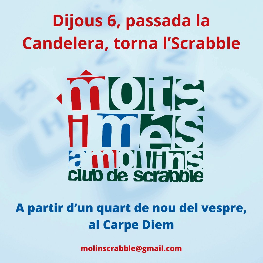 Hem passat la Candelera, que sembla que ens vol allargar l'hivern, però nosaltres continuem!

Aquest dijous ens trobem i juguem al Carpe Diem!

#scrabbleencatalà
#scrabble
#molinsderei
#cultura