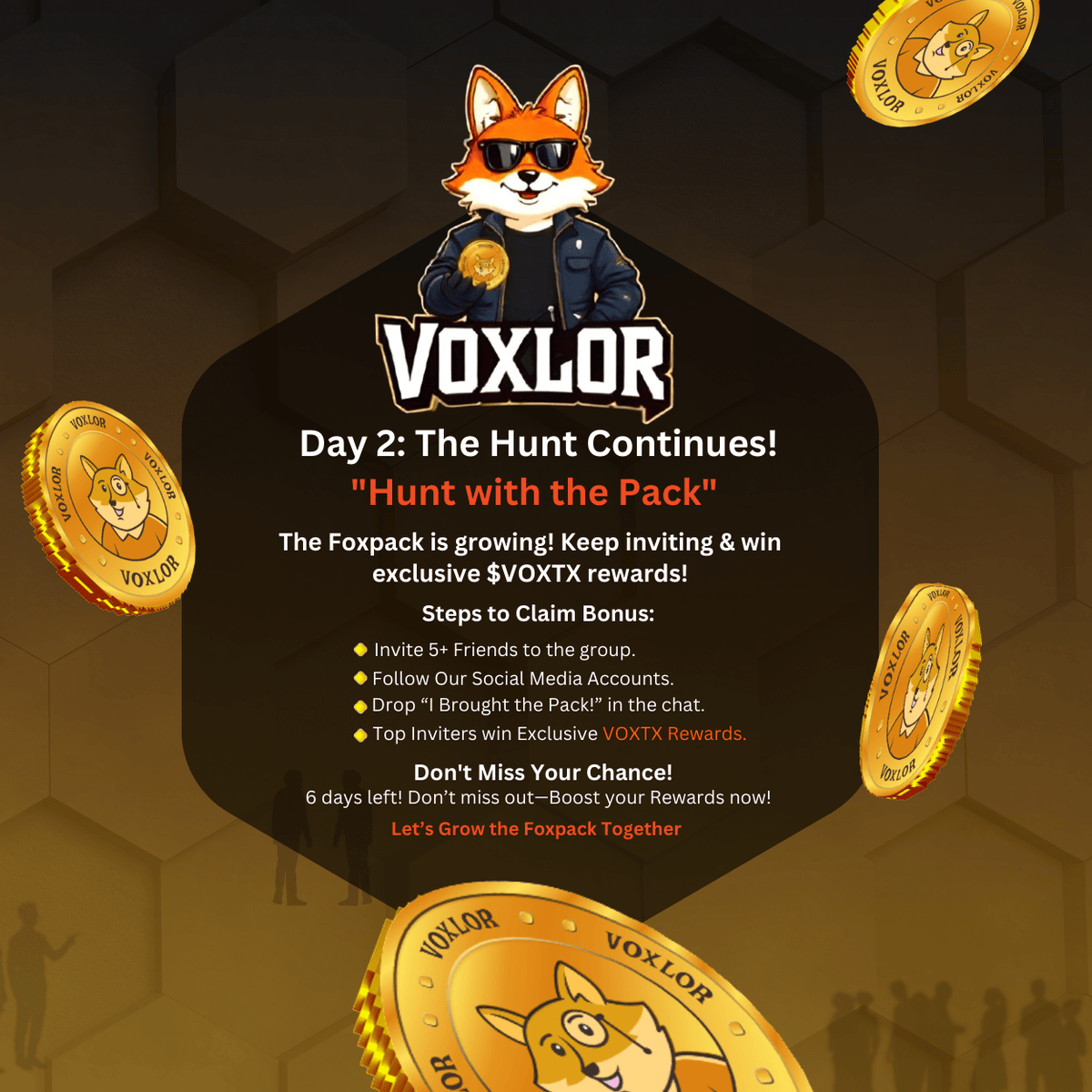 voxlor_official's tweet photo. 🚀 Day 2: The Hunt Continues! 🦊💰
The Foxpack is growing! Invite friends & win #VOXTX rewards! 🎉
✅ Invite 5+ friends
✅ Follow our socials
✅ Drop "I Brought the Pack!"
⏳ 6 days left! Don’t miss out! 🚀
#Voxlor #CryptoAirdrop #Foxpack #InviteToEarn #Crypto #Blockchain https://t.co/RFkNKY3iF0