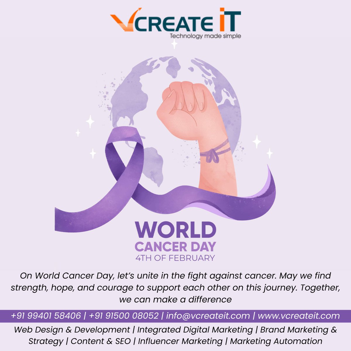 vcreate_it's tweet photo. 🌍 On World Cancer Day, we stand united in the fight against cancer. 
#WorldCancerDay #FightCancer #TechForGood #CancerAwareness #StrongerTogether #InnovationForHealth #SupportTheFight #WeAreInThisTogether #VCreateIT https://t.co/jzeaxGADHF