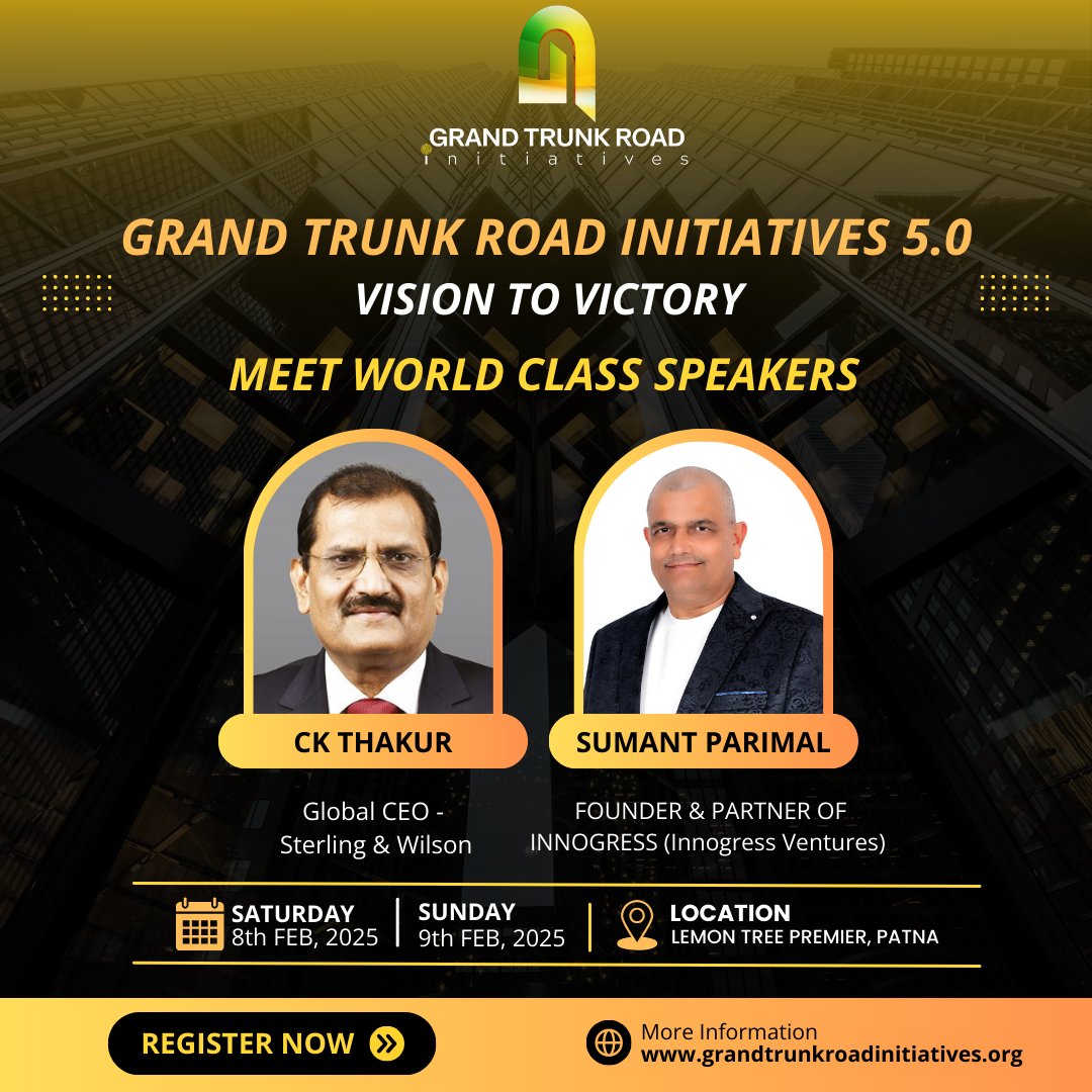 Grand Trunk Road Initiatives (@roadinitiatives) on Twitter photo π πππ₯ππ¨π¦π ππ¨ πππππ πππππ ππππ πππππππππππ π.π β ππππππ ππ πππππππ! π
We are honored to host CK Thakur, Global CEO of Sterling and Wilson, and Sumant Parimal, Founder & Partner of Innogress, at GTRi 5.0! π€
π
8th-9th February π πππ₯ππ¨π¦π ππ¨ πππππ πππππ ππππ πππππππππππ π.π β ππππππ ππ πππππππ! π
We are honored to host CK Thakur, Global CEO of Sterling and Wilson, and Sumant Parimal, Founder & Partner of Innogress, at GTRi 5.0! π€
π
8th-9th February