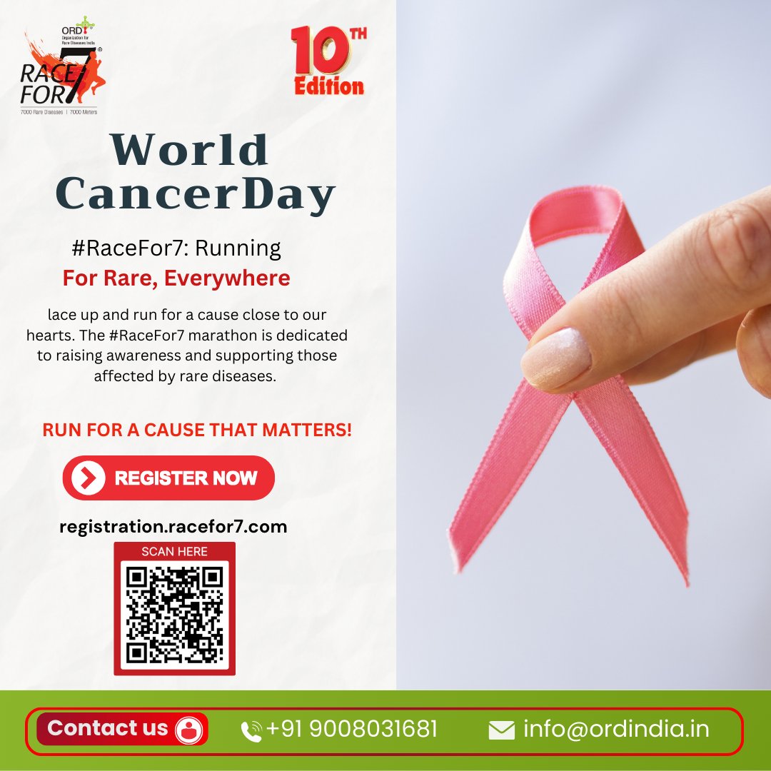 ORDIndia's tweet photo. This World Cancer Day, let's run for a cause that truly matters! 🏃‍♂️💙 Join #RaceFor7 and support those affected by rare diseases. 💪💜 #RunningForRare #WorldCancerDay #racefor7
🗓️ Event Date: 23rd February 2025
📍 Location: India
🔗 Register now: https://t.co/DZfhikwcDY https://t.co/pvanyFdHip
