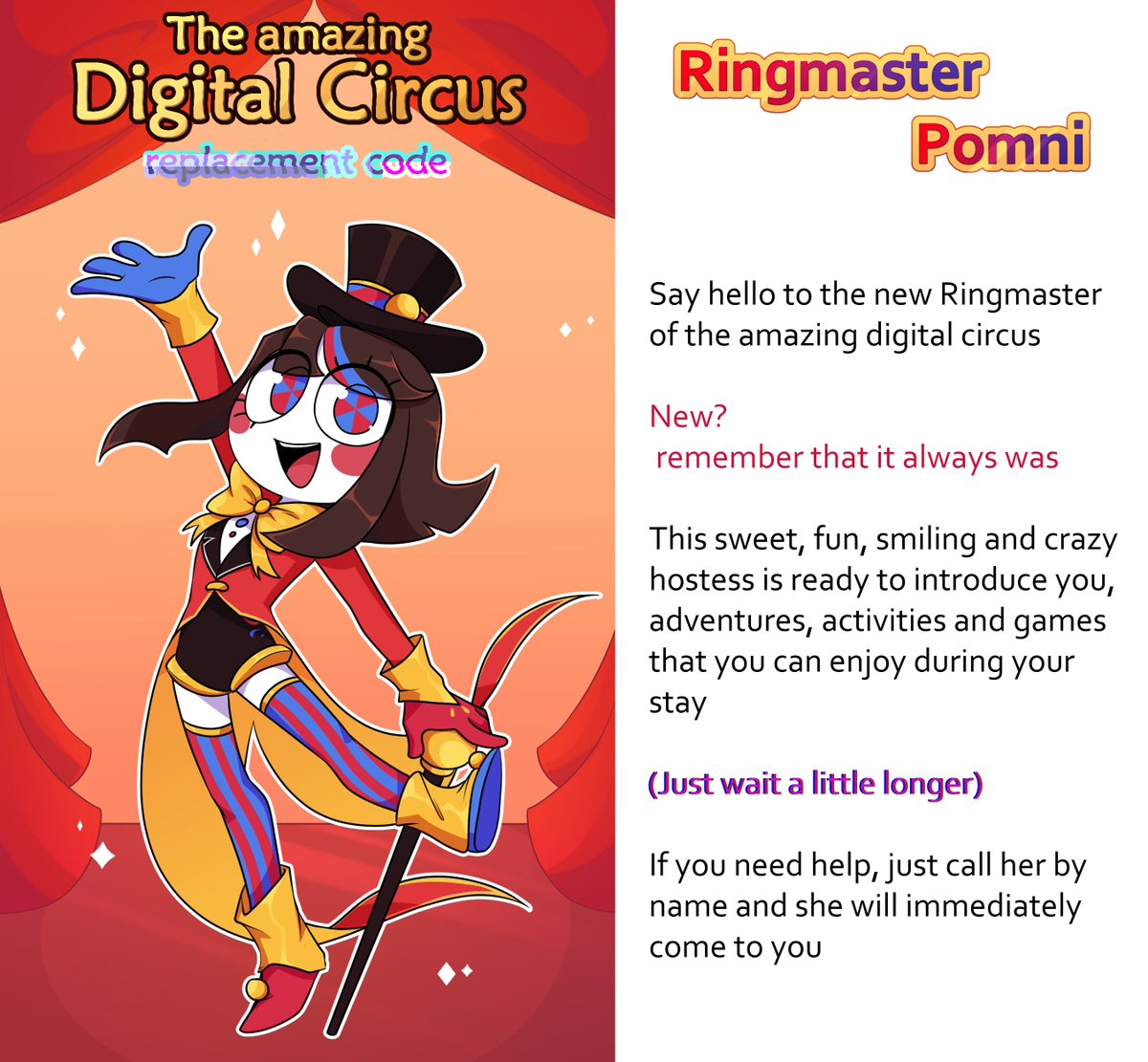 Blue17Scar's tweet photo. TADC Replacement code Au

Pomni Ringmaster presentation sheet
in English  
(I use Google Translate, sorry if something is not understood x'd)
#Tadc #tadcau #Pomni #tadcpomni https://t.co/miwEfclD5L