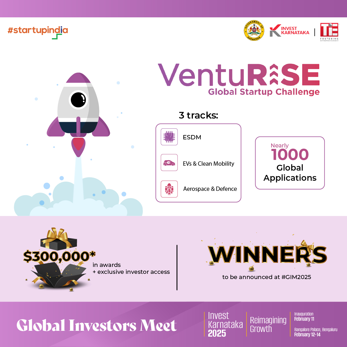 Gear up for #VentuRISE 2024-2025 – The Global Startup Challenge, brought to you by the Department of Commerce &amp; Industry, Government of Karnataka, and TiE.

* Meet global investors
* Showcase your innovation
* Scale your startup to new heights

Don’t miss out! 🚀 
Mark your