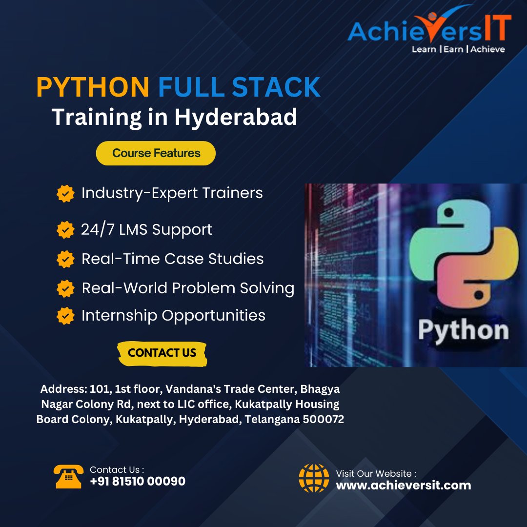 achieversit12's tweet image. Unleash the Power of Python Full Stack Developer Course Training in Hyderabad with Live Projects. AchieversIT Offers Job Oriented Python Course Training in Hyderabad.
#pythoncourseinhyderabad,
#pythontraininginhyderabad,
#pythonfullstacktraininginhyderabad,