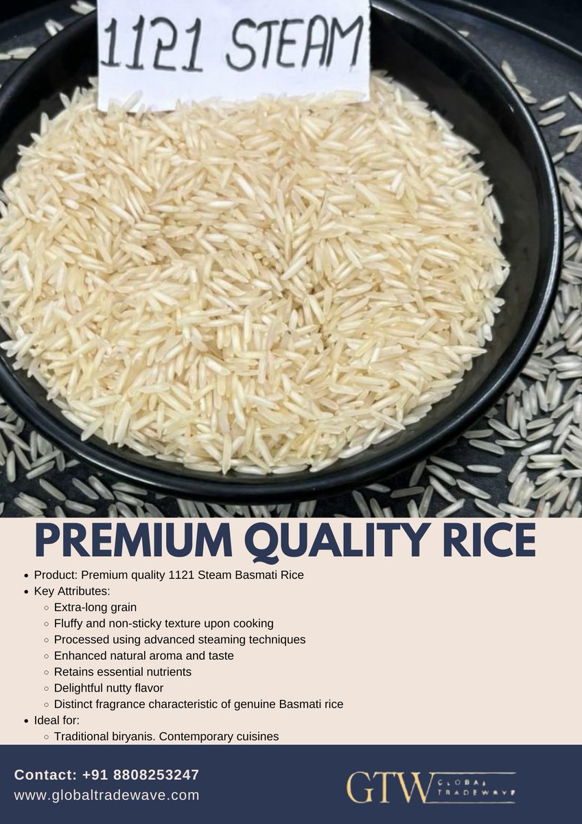 GlobalTradewave's tweet photo. Discover the exquisite taste of 1121 Steam Basmati Rice, renowned for its extra-long grains, aromatic fragrance, and non-sticky texture. Perfect for a variety of culinary delights, this premium rice is meticulously processed to retain its natural flavor and nutritional value. https://t.co/tROzga4nTv