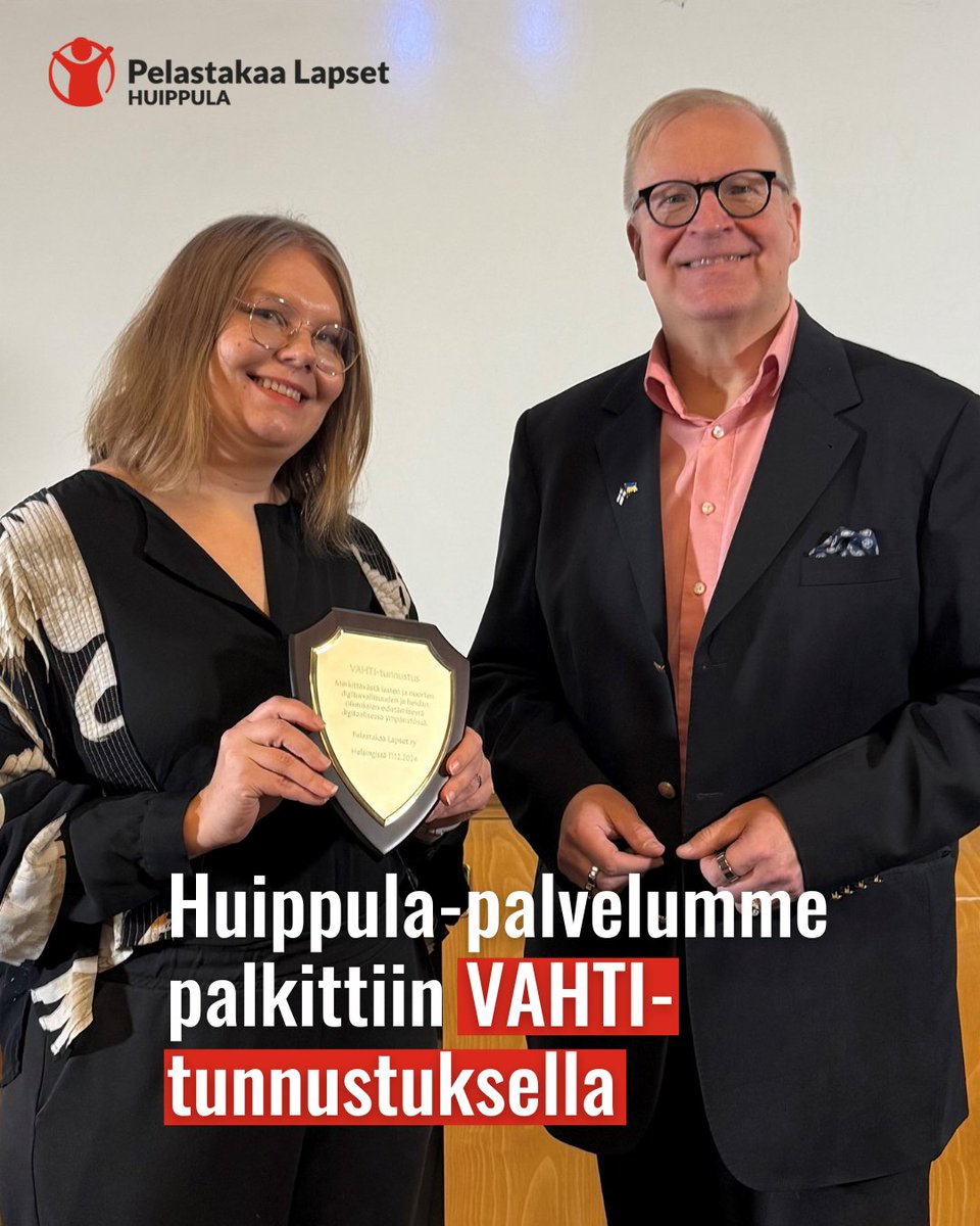 🎉 Pelastakaa Lapset ja #Huippula-palvelumme sai jälleen tunnustusta lasten digiturvallisuuden edistämisestä.

Meidät palkittiin VAHTI-tunnustuksella sekä kunniamaininnalla Cygnaeus-palkintohaussa ansioistamme lasten digiturvallisuuden edistäjänä.

#Mediakasvatus