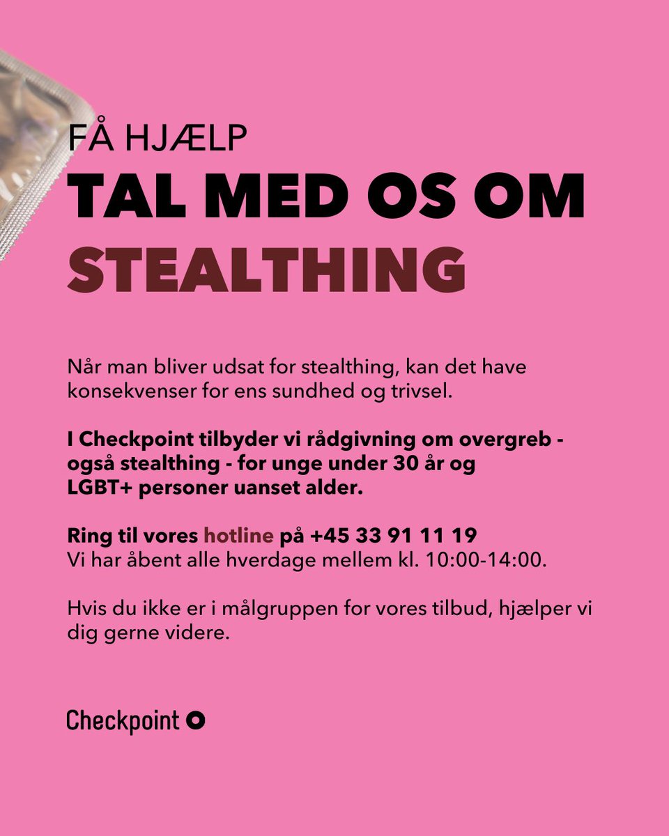 STEALTHING ER OVERGREB! I Checkpoint tilbyder vi rådgivning om overgreb - også stealthing for unge under 30 år &amp; LGBT+ personer uanset alder. Læs mere om Checkpoints rådgivningstilbud her:
aidsfondet.dk/checkpoint/tal…