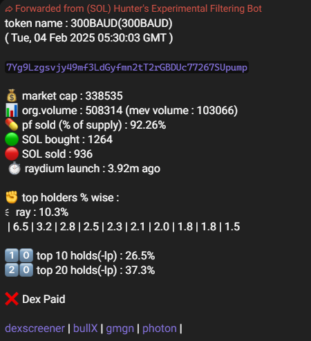 thehunterbaker's tweet photo. #300baud 300BAUD , triggered by the bot at 338k, hit 4m, 12x
$JAI $SWF $MWG $IVEY $SCARF $PDEX #MCVALUE $DOTUS #BULLDUO $COKE $POTATO $MLK $YUKI $DON $TRUMP $MIA $QUEEN $GANG
bot updates : https://t.co/EAEvgXXsRK
not financial advice! https://t.co/UsYgnLh5i9
