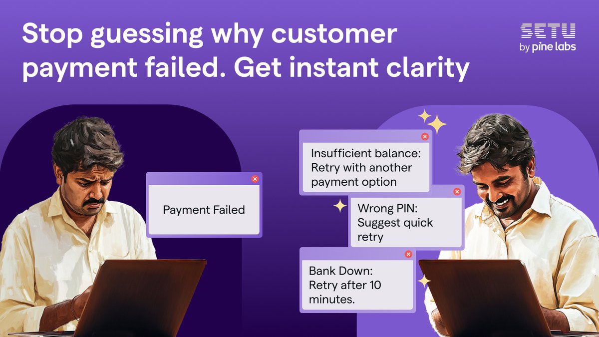 Setu_API's tweet image. Introducing granular UPI error insights to upgrade your payment SLAs!
✓ Customer-side error codes
✓ Acquirer-side error codes
✓ Complete transaction context
No more guesswork, just insights.
Try now!
.
Not a customer yet? Visit Setu.co